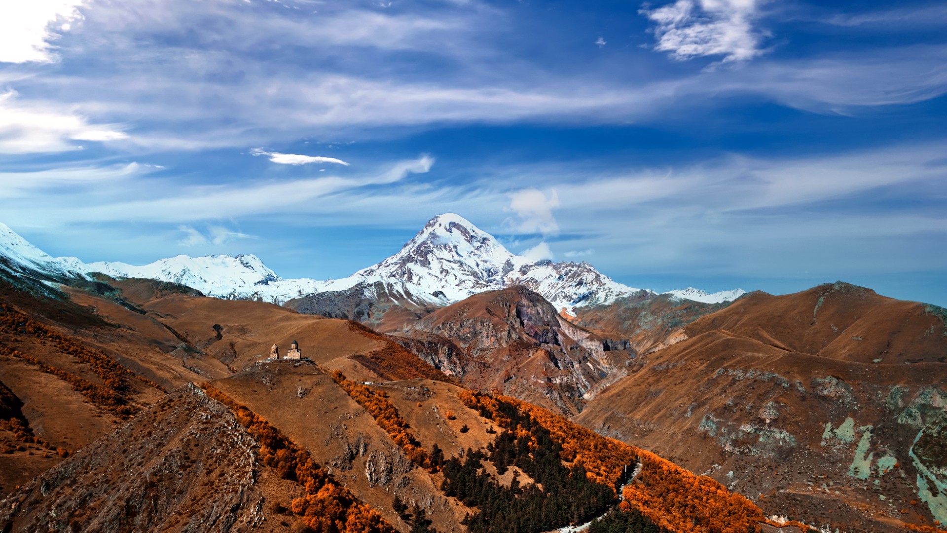 landscape of majestic scenic famous mountain kazbegi in georgia country
